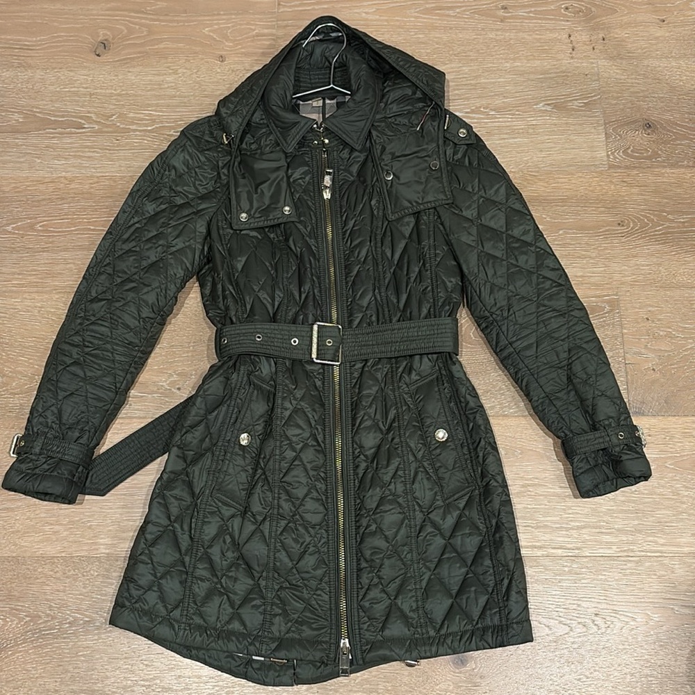 Burberry Elegant Quilted Dark Green Trench Coat